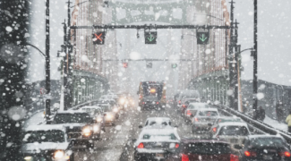 snowy day and heavy traffic